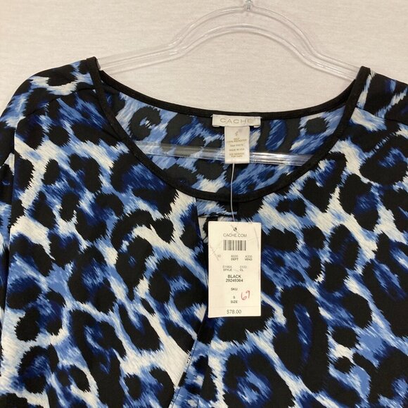 New Cache Small Black Blue Leopard Print Relaxed Flowy Long Sleeve Blouse - Picture 4 of 9